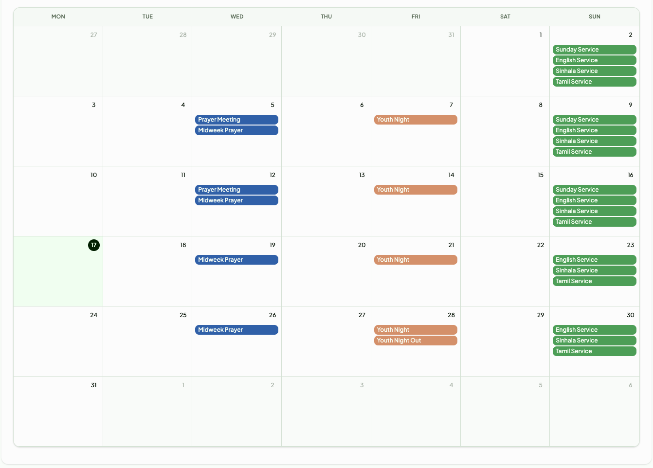 ChurchTree shared calendar showing Sunday services, prayer meetings and youth nights across a month