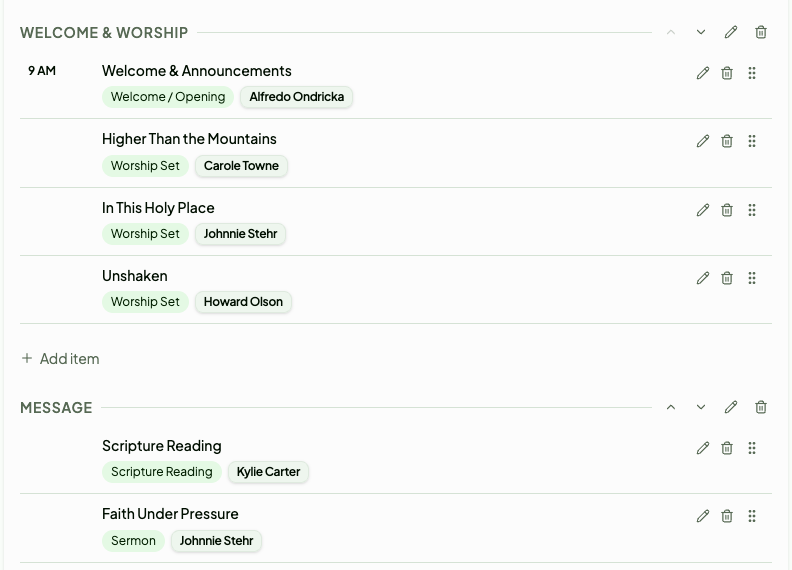 ChurchTree order of service list with Welcome & Worship and Message sections, each item assigned to a volunteer