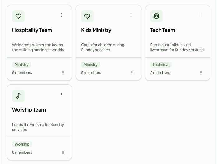 ChurchTree team cards for Hospitality, Kids Ministry, Tech and Worship teams